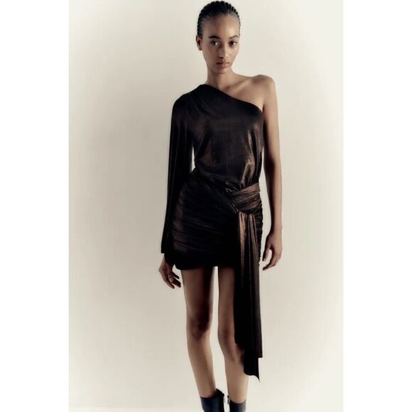 NWOT Zara Blogger’s Favorite Bronze Shiny Asymmetric Shimmer Mini Dress, Medium - Picture 4 of 16